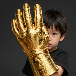 a tiny kid with one massive gauntlet made of solid gold, smooth, intricate, elegant, digital painting, artstation, concept art, sharp focus, illustration, art by koyoharu gotouge,