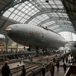 concept art of a large singular airship, stationed in a train station with a glass dome, many people walking across railings over and under the airship, steampunk, industrial, 4 k, victorian fantasy, fantasy, hdr