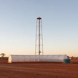 modular atmospheric water collector tower, electrostatic fog collector tunnel, fine sailcloth mesh, windtrap, with irrigation reservoir in the australian red desert, simple composition, rule of thirds, photorealistic concept art
