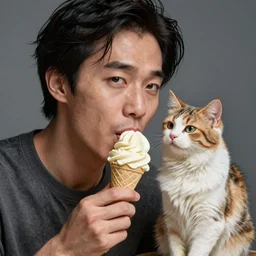 asian man eating an ice cream made of cats, fantasy, high detail, elegant, digital painting, cinematic lighting, vibrant, intricate, textured skin, highly detailed, artstation, sharp, focus, hdr, unreal engine 5, breathtaking, illustration, anna dittmann, ilya kuvshinov, nikolay makovsky
