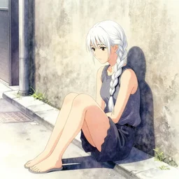 concept, girl named laice sitting on street, against wall, pretty, sitting alone, looking left down street, long white braids, singular, isamu imakake, styled, photoshop mid filter, anime, watercolor, intricate, balance, full far portrait, stylistic lighting + masterpiece,
