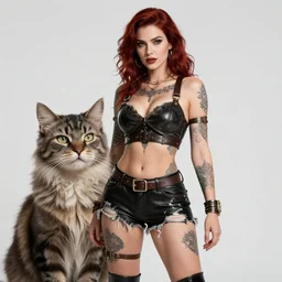 portrait of anne winters as a tattooed armored wanderer pinup, wearing scratched and ripped leather shorts and a huge cat is by her side, character sheet, fine details, concept design, contrast, kim jung gi, greg rutkowski, trending on artstation, 8 k, full body, turnaround, front view, back view, ultra wide angle