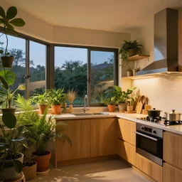 interior photo of a warm modern kitchen, many houseplants, large windows, at dusk