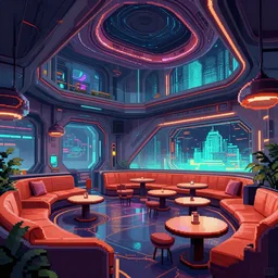 futuristic cyberpunk lounge, interior architecture view, beautiful detailed pixelart by albertov, intricate details, beautiful, dithered gradients, volumetric lighting, cgsociety, artstation, smooth, sharp focus, 2 d illustration, by greg rutkowski, amazing art by dan mumford