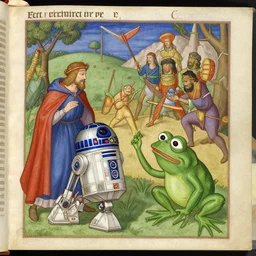 page from a 1 4 th century monk's manuscript illustrating an epic battle between r 2 d 2 and!! pepe the frog!!