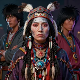 native american ghost woman wearing a necklace with, hyper detailed, colorful palette, masterpiece, ornate dark, suehiro moaruo, katsuhiro otomo, shintaro kago, cgsociety, octane render, ambient light