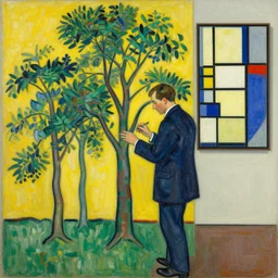 frank lloyd wright, a busy painting of trees with a yellow background, an art deco painting by mondrian, featured on pixiv, synthetism, fauvism, creative commons attribution, academic art