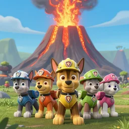 paw patrol by an erupting volcano