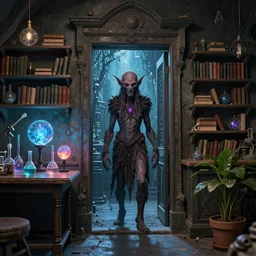 cthulhu standing in a doorway of an intricate wizard lab. shelves lined with books, tables with lab glassware and glowing orbs of energy, a potted plant in the corner, digital art inspired by artstation and artgerm