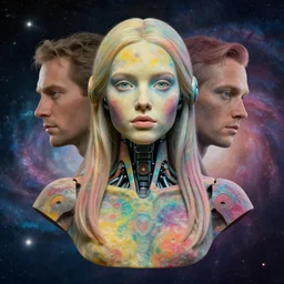 robot girl, award winning, portrait bust, symmetry, faded lsd colors, galaxy background, tim hildebrandt, wayne barlowe, bruce pennington, donato giancola, larry elmore, masterpiece, trending on artstation, cinematic composition, beautiful lighting, hyper detailed