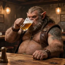 a chubby gnoll drinking in a tavern