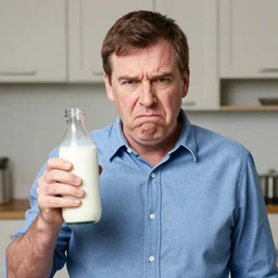 photograph of tim farron looking disgusted holding milk for a photoshoot