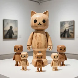 ultra realistic 8k octan photo, collection wooden art toys on stand, very cute robot zen with cat ear, in a contemporary art gallery in style bansky