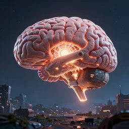 a huge ever growing pulsating brain that rules from the centre of the ultraworld, hyperrealism, cyberpunk, octane render, sci - fi