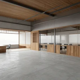 concept art of japan traditional interior with office interior, concrete, wood, steel and glass, liminaal space, by le corbusier, ando tadao, edward hopper and victor enrich, octane redner, cryengine