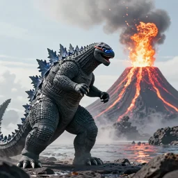 a Caucasian man with swimming goggles and cap, fighting Godzilla during a volcanic eruption