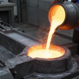 wide angle shotmolten metal being poured into a mold in the shape of a punisher skull emblem. background is firey foundry. detailed, high art, intricate, artisan