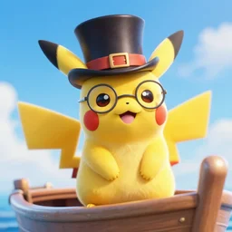 Happy Pikachu in a top hat and monocle on a boat, 4k furry hyper realistic beautiful textured