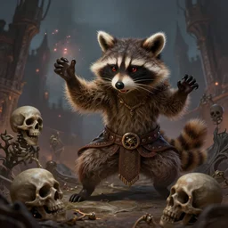 closeup 2 8 mm anthropomorphic necromancer raccoon summoning the dead in a castle, d & d, fantasy, intricate, action pose, particle effects, highly detailed, digital painting, artstation, concept art, matte, sharp focus, volumetric lighting, illustration, hearthstone, art by artgerm, wlop, greg rutkowski and alphonse mucha