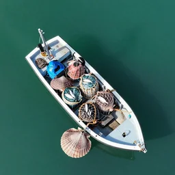 a drone photo of a scallop dredge fishing boat with bags of fish and chips falling out the back