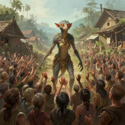 a chimera being praised by a horde of people in a village, digital painting, mixed media, trending on artstation and deviantart, epic composition, highly detailed, 8 k