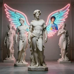 harmony of greek statues background, mute, neon lights, neon wings, floor tiles, absinthe ( portrait of bts jimin blood sweat & tears ) by wlop, james jean, victo ngai, beautifully lit, muted colors, highly detailed, fantasy art by craig mullins, thomas kinkade