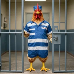 real chicken dressed as an inmate on a jail