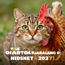hybrid of a cat and a chicken, cute eyes, wild species photography, vivid colors, award-winning