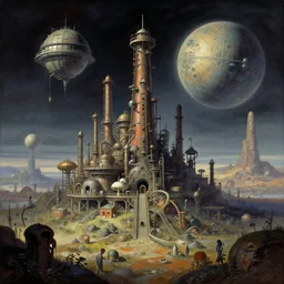A strange industrial biome and on an alien science-fiction planet, beautiful matte painting, Moebius, frank frazetta, sid mead, james gurney, thomas kinkade, rodney mathews, trending on artstation