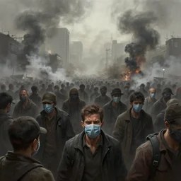 detailed digital painting of man kind suffering due to high air pollution in future, people are wearing masks, wide angle shot, in the style of greg rutwoski, very hyper realistic, highly detailed, fantasy art station