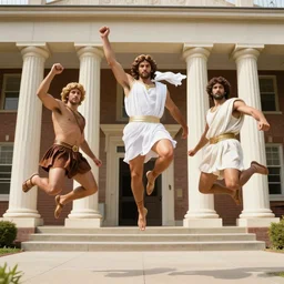 zeus, hercules, and athena jumping jesus outside of their high school.