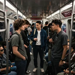 A group of friends talking while standing inside a crowded compartment of the New York metro, cinematic, 4k, thriller