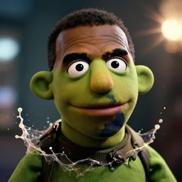 kanye west muppet in gears of war, splash art, movie still, detailed face, photorealistic facial features, cinematic lighting, dramatic, octane render, long lens, shallow depth of field, bokeh, anamorphic lens flare, 8 k, hyper detailed, 3 5 mm film grain