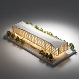 architectural model, isometric view, 3 d render, studio lighting, low contrast, brightly lit studio, highly detailed, a thick building with long triangular plan and large windows, mansard roof, post - modernism, tree