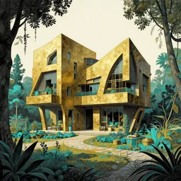 a photo of a concept architecture art house solarpunk in the garden, style brutalism, gold and black turquoise ratio, extremely detailed, sharp focus, wide view, detailed rought paper, digital illustration, colorfull, by william turner art, by greg rutowski, by carl larson, by edmund dulac