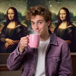 portrait of a ( ( ( grande y rosa una taza de cafe ) ) ), ( ( dotado futuristic guapo y joven espanol alegre ) ), tomande cafe, lleno de estrellas y magia, 3 d photorealistic, concept character, by filip hodas and da vinci and botticelli and bob ross and bierstadt and remingto