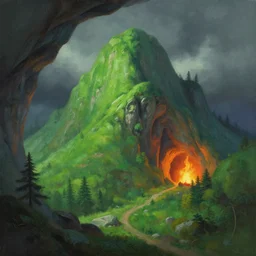 beautiful green mountain, a big cave with a fire inside, by jeremy mann, by greg rutkowski, by noah bradley, digital painting