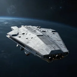 Long shot perspective of a military Spaceship carrier by markus vogt, cinematic angle, cinematic lighting, ominous atmosphere, alien planet, artstation