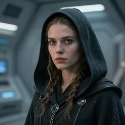 an extremely detailed masterpiece portrait of a beautiful dark hooded nordic female out of focus spaceship technology in background, 3 5 mm, cinematic shot, photorealistic, depth of field