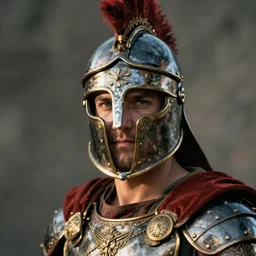 close - up portrait of gladiator with helmet and armor, color photograph by jan saudek