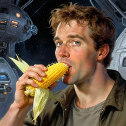 a highly detailed beautiful portrait of man enjoying corn on the cob, future, space station, by gregory manchess, james gurney, james jean