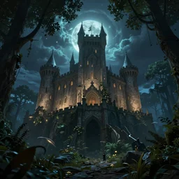 a medieval castle in a forest with a glowing night sky from an upward angle, style arcane tv series, style league of legends