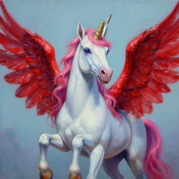 unicorn girl with red wings, photorealism, high detail, digital oil painting, glitch creatures, dmt entity ; lsd art, trending on artstation, style greg rutkowski