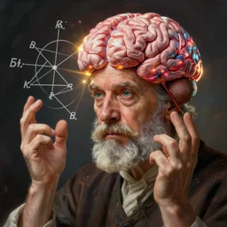 fine portrait of a mad profesor trying to understand how the human brain works and mathematical functions, conceptual ultrarealistic art