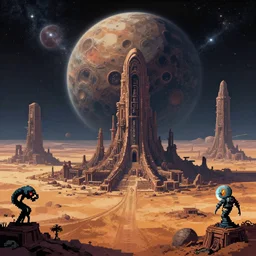 landscape concept art of a large alien structure on a wasteland exoplanet, celestial cosmic lovecraftian horror by bruce brenneise and peter mohrbacher and h r giger, ancient ruins in background, large exoplanet in the sky, alien planet with craters and large structures, 3 d render, neosurrealism. digital concept art, pixel art, rendered in octane, trending on cgsociety, trending on artstation