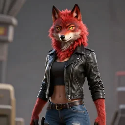 upper body shot, anthropomorphic female wolf with red fur, wearing a black leather jacket and denim pants, octane render, detailed, brawl stars, unreal engine 5, cinema 4 d cinematic, artstation, greg rutkowski, clash of clan, clash royal