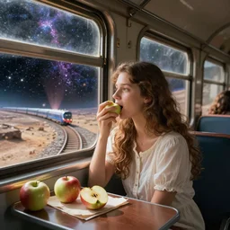 Girl sitting in train coupe eating apples, train rides through space landscape