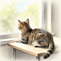 a tabby cat named clarence laying on a table looking out the window, it is a sunny day, in the style of a hand drawn pencil sketch