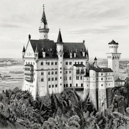 plain with a forest in the backround and a huge and very detailed castle - palace in art noveau architecture and style, realistic and detailed pencil drawing