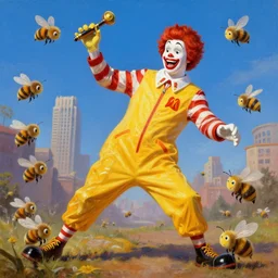 Ronald McDonald getting attacked by a swarm of bees, digital art, artstation, oil painting, 4k